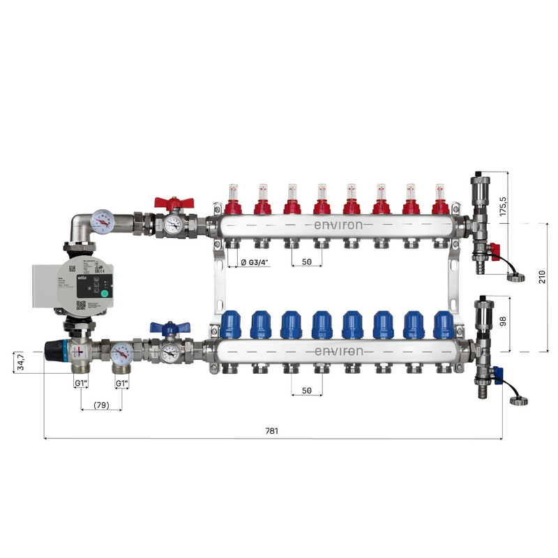 Set di regolazione a valore fisso M058 20-55°C con pompa ad alta efficienza Wilo Para 25/6, collettore di riscaldamento in acciaio inox, set di sfiato e set di valvole a sfera