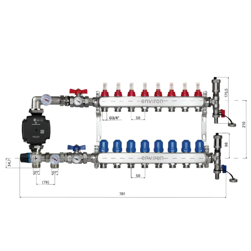 Set di regolazione a valore fisso M058 20-55°C con pompa ad alta efficienza Grundfos UPM3 25/6, collettore di riscaldamento in acciaio inox, set di sfiato e set di valvole a sfera