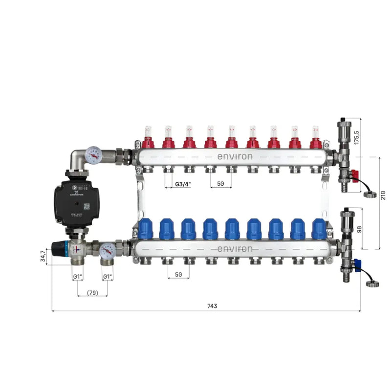 Set di regolazione a valore fisso M058 20-55°C con pompa ad alta efficienza Grundfos UPM3 25/6, collettore di riscaldamento in acciaio inox, set di sfiato e set di valvole a sfera