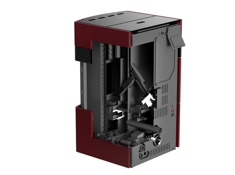 A++ Woody wasserführender Pelletofen 24 kW mit Bordeaux roter Keramikverkleidung