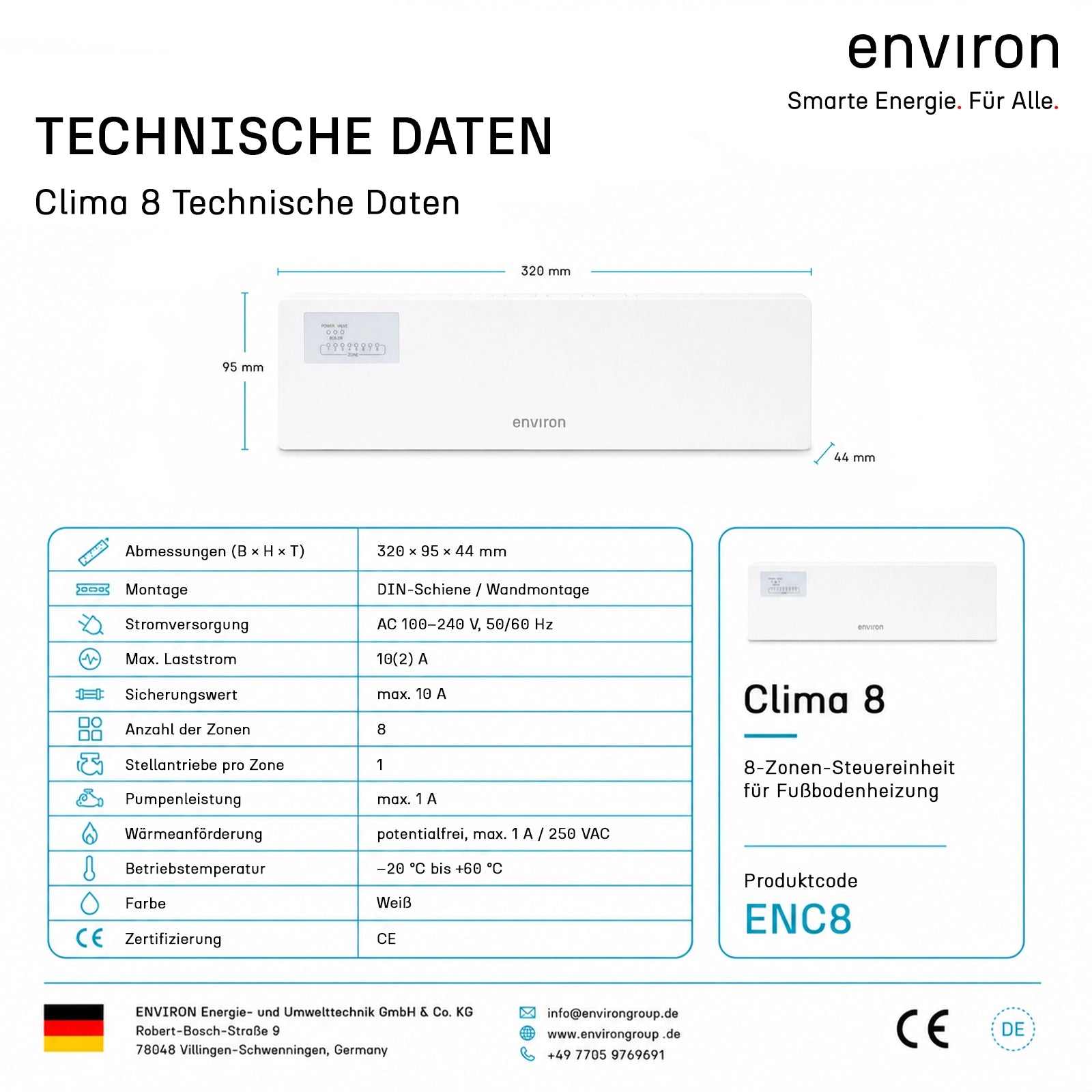 environ Clima 8 – Klemmleiste Fußbodenheizung 8 Zonen 230V Zonenregler
