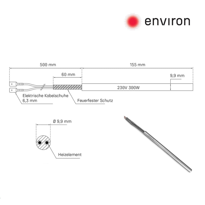 Elemento di accensione in acciaio inox Ø9,3mm x 150mm / 300W / 230V accenditore