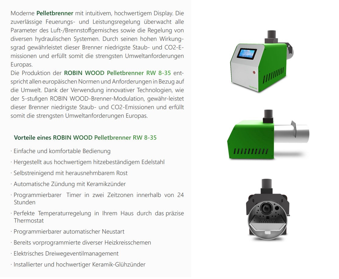 Robin Wood RW 8–35 kW Pelletbrenner-Set – mit 200 L Beistelltank, Förderschnecke & Flansch