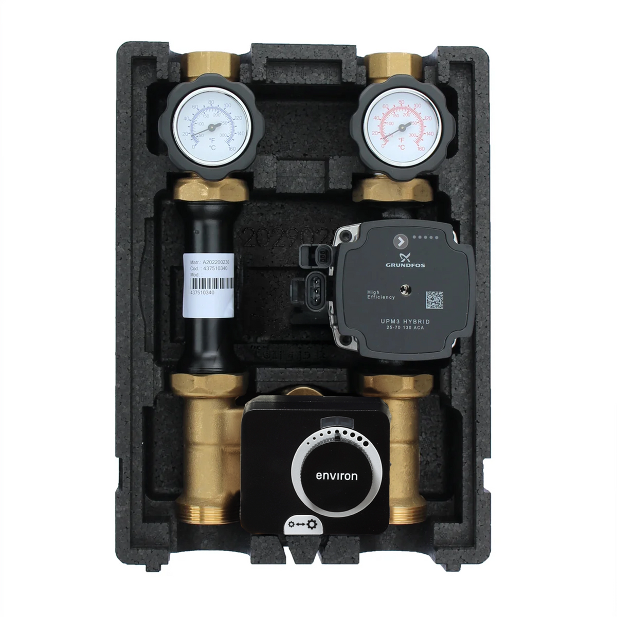 EcoMix ENH001 Heizkreispumpengruppe mit Drei-Wege-Mischer, ESBE ARA661 Stellmotor und Grundfos UPM3 Hybrid 25/7 Hocheffizienzpumpe