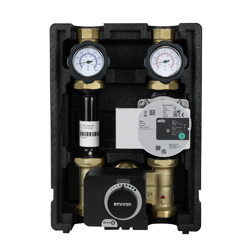 Gruppo pompa circuito riscaldamento EcoMix ENH001 con miscelatore a tre vie, attuatore Environ END05 e pompa ad alta efficienza Wilo Para 25/6