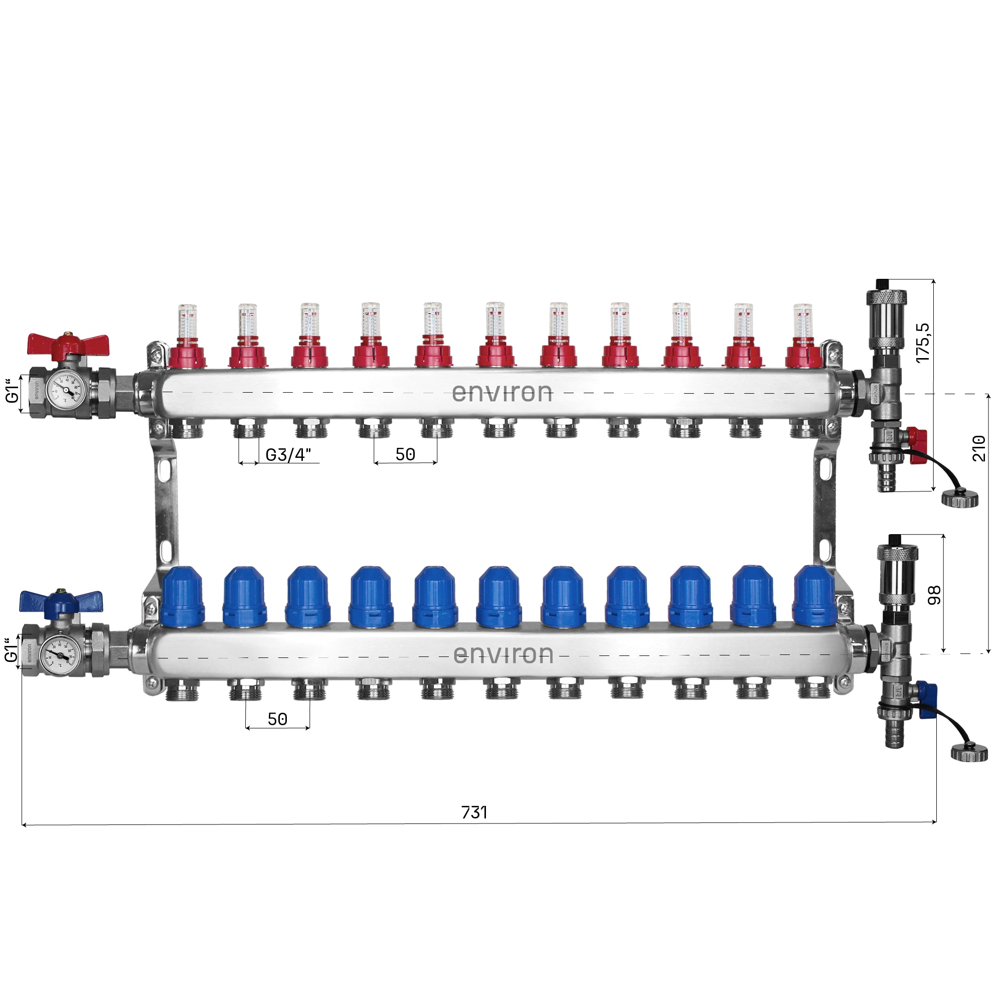 Stainless steel heating circuit distributor 2 - 12 compartments with ball valve &amp; vent connection set