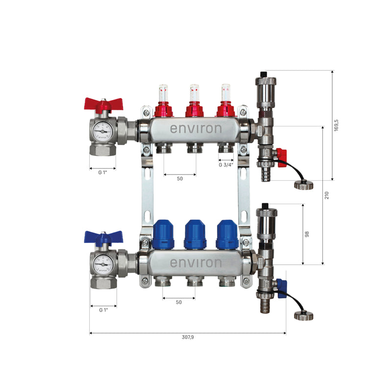 Edelstahl Heizkreisverteiler – 2 bis 12 Heizkreise mit 90° Eck-Kugelhahn-Set & Thermometer