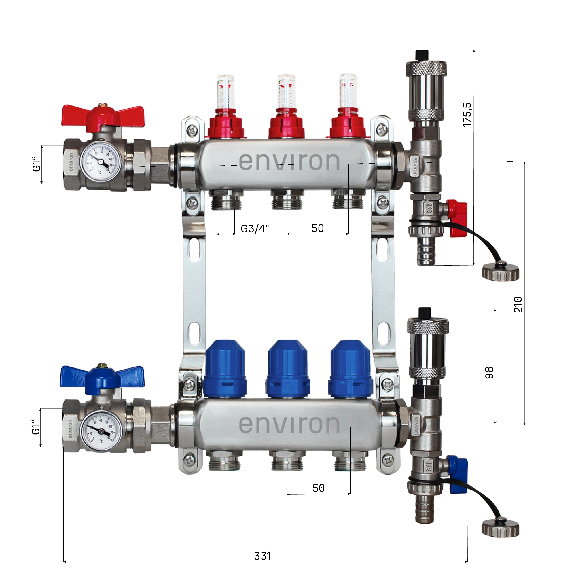 Festwertregelset M058 20-55°C mit Grundfos UPM3 25/6 Hocheffizienzpumpe, Edelstahl-Heizkreisverteiler, Entlüfterset & Kugelhahnset
