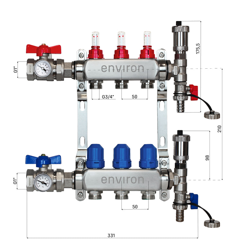 Distributore circuito di riscaldamento in acciaio inox – da 2 a 12 circuiti con set di raccordo valvola a sfera e sfiato