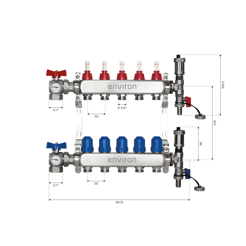 Edelstahl Heizkreisverteiler – 2 bis 12 Heizkreise mit 90° Eck-Kugelhahn-Set & Thermometer