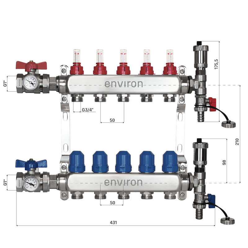 Distributore circuito di riscaldamento in acciaio inox – da 2 a 12 circuiti con set di raccordo valvola a sfera e sfiato