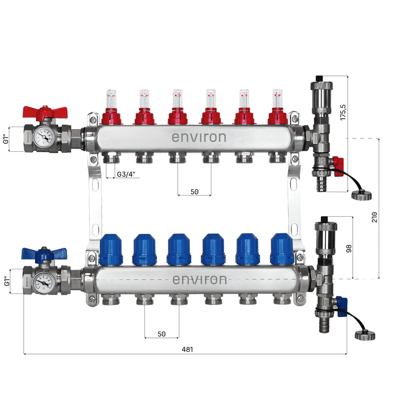 Distributore circuito di riscaldamento in acciaio inox – da 2 a 12 circuiti con set di raccordo valvola a sfera e sfiato