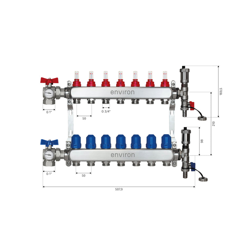 Edelstahl Heizkreisverteiler – 2 bis 12 Heizkreise mit 90° Eck-Kugelhahn-Set & Thermometer