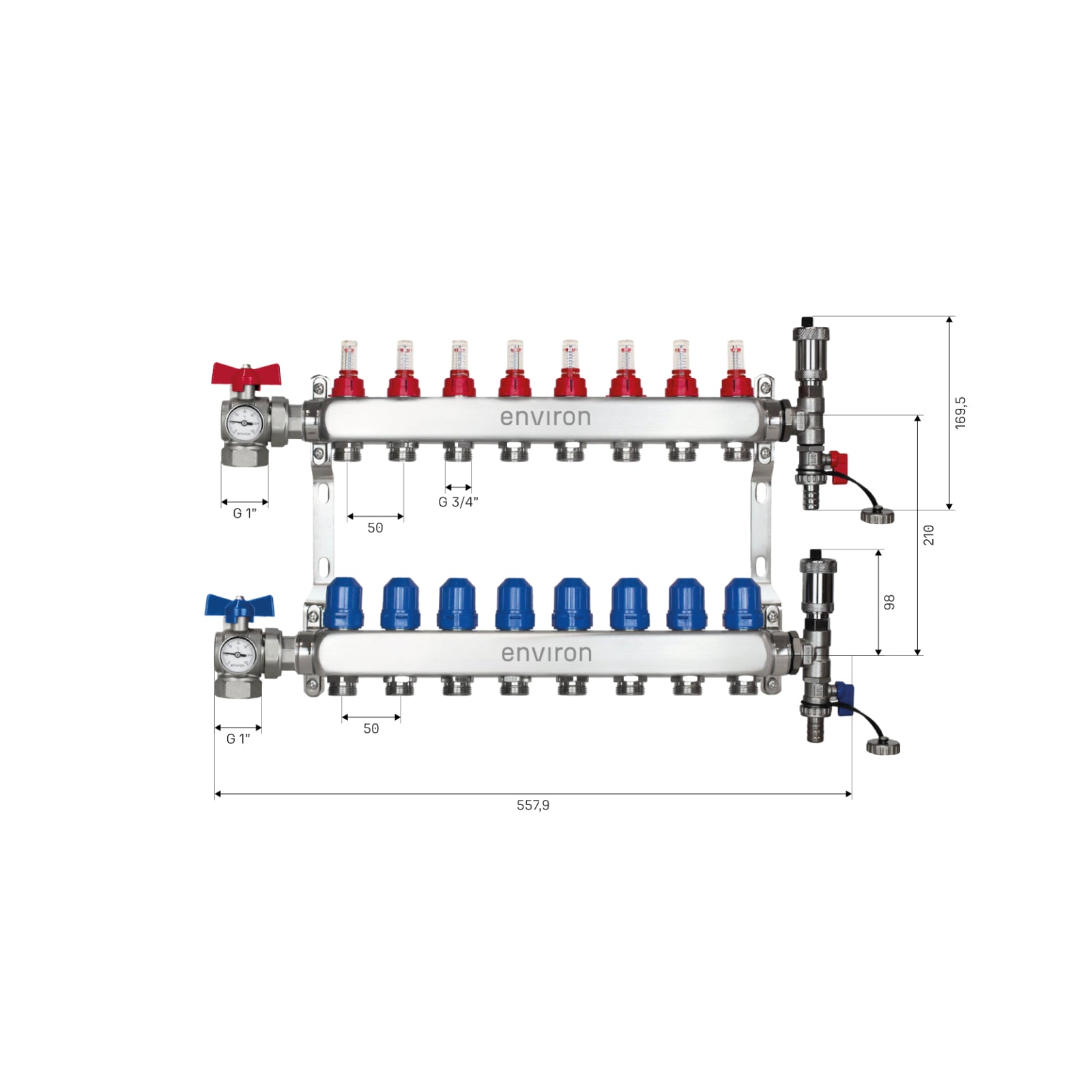 Edelstahl Heizkreisverteiler – 2 bis 12 Heizkreise mit 90° Eck-Kugelhahn-Set & Thermometer