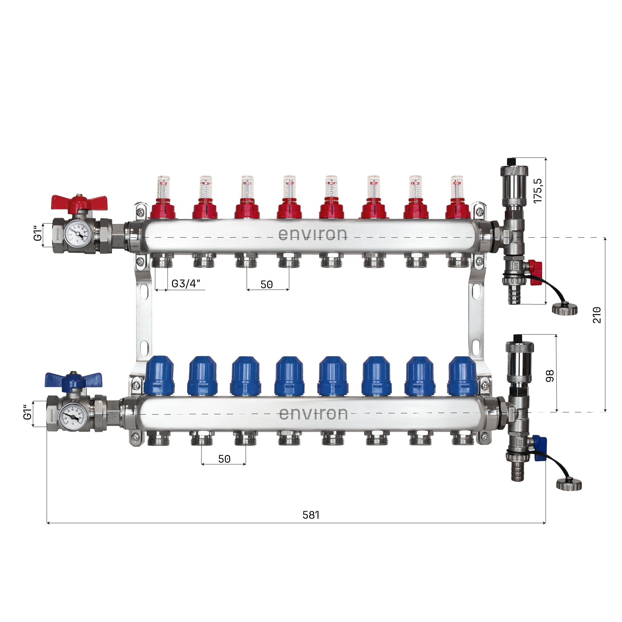 Stainless steel heating circuit distributor 2 - 12 compartments with ball valve &amp; vent connection set