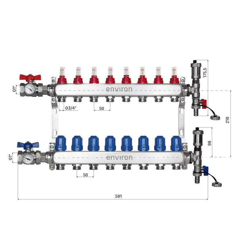 Distributore circuito di riscaldamento in acciaio inox – da 2 a 12 circuiti con set di raccordo valvola a sfera e sfiato