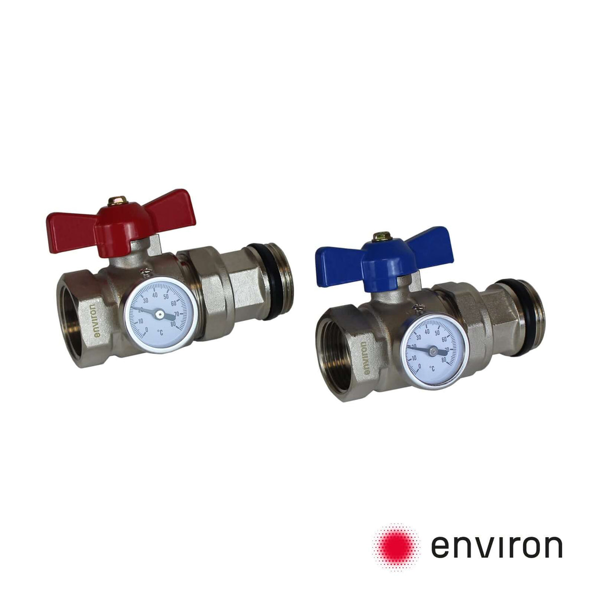 Set di raccordo valvola a sfera 1" dritto con termometro – rosso/blu – per distributore circuito di riscaldamento