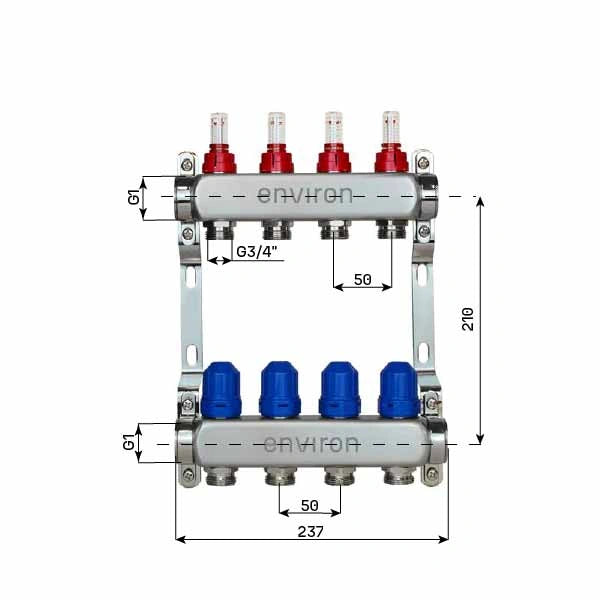Stainless steel heating circuit distributor 2 - 12 times