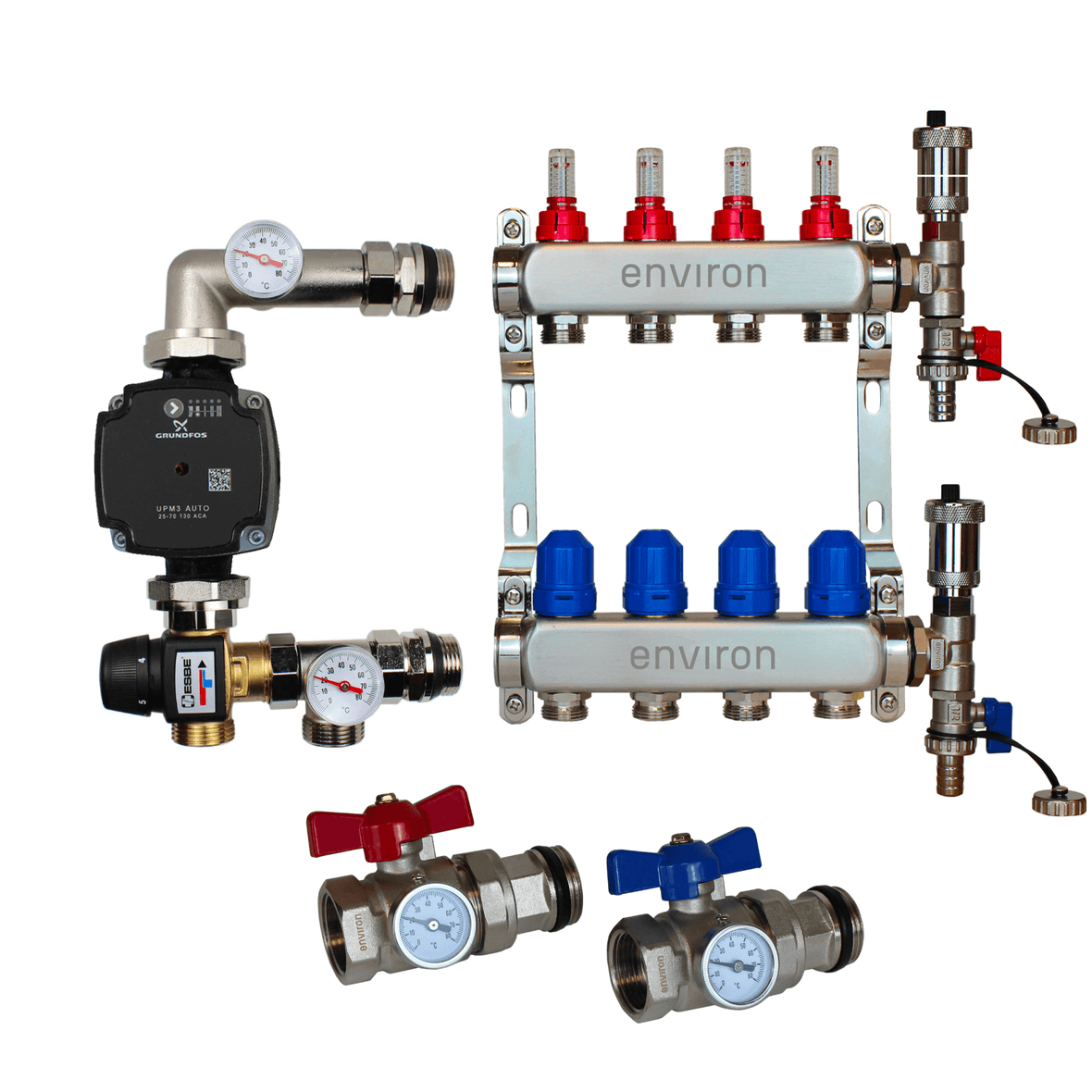 Set di regolazione a valore fisso M058 20-55°C con pompa ad alta efficienza Grundfos UPM3 25/6, collettore di riscaldamento in acciaio inox, set di sfiato e set di valvole a sfera