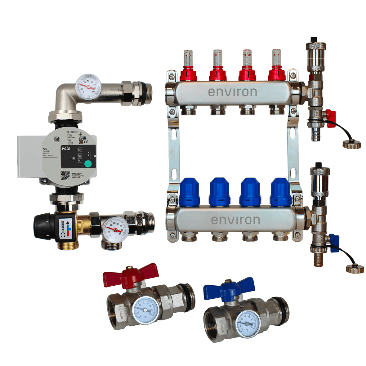 Set di regolazione a valore fisso M058 20-55°C con pompa ad alta efficienza Wilo Para 25/6, collettore di riscaldamento in acciaio inox, set di sfiato e set di valvole a sfera