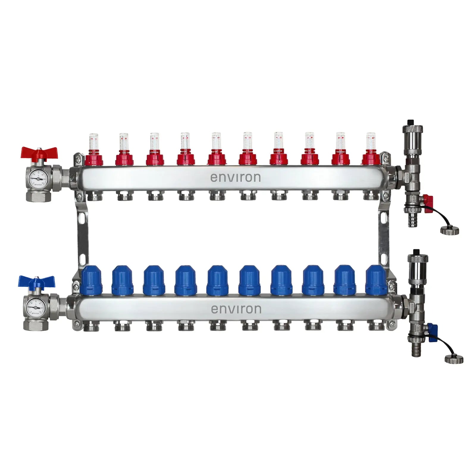 Edelstahl Heizkreisverteiler – 2 bis 12 Heizkreise mit 90° Eck-Kugelhahn-Set & Thermometer