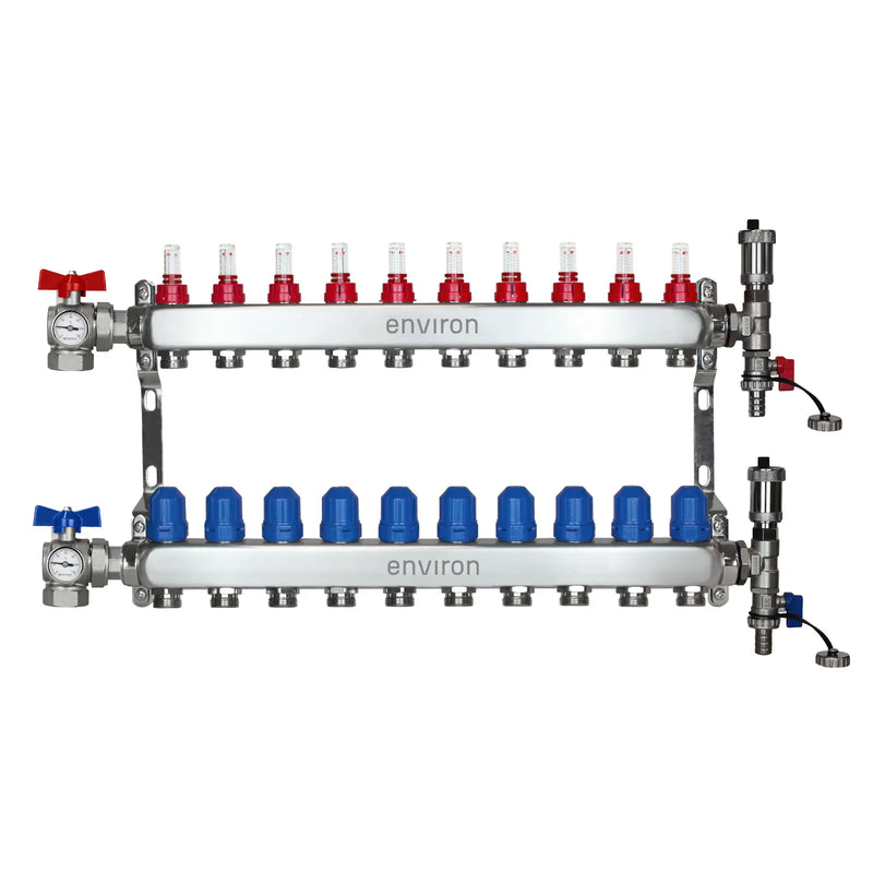 Edelstahl Heizkreisverteiler – 2 bis 12 Heizkreise mit 90° Eck-Kugelhahn-Set & Thermometer
