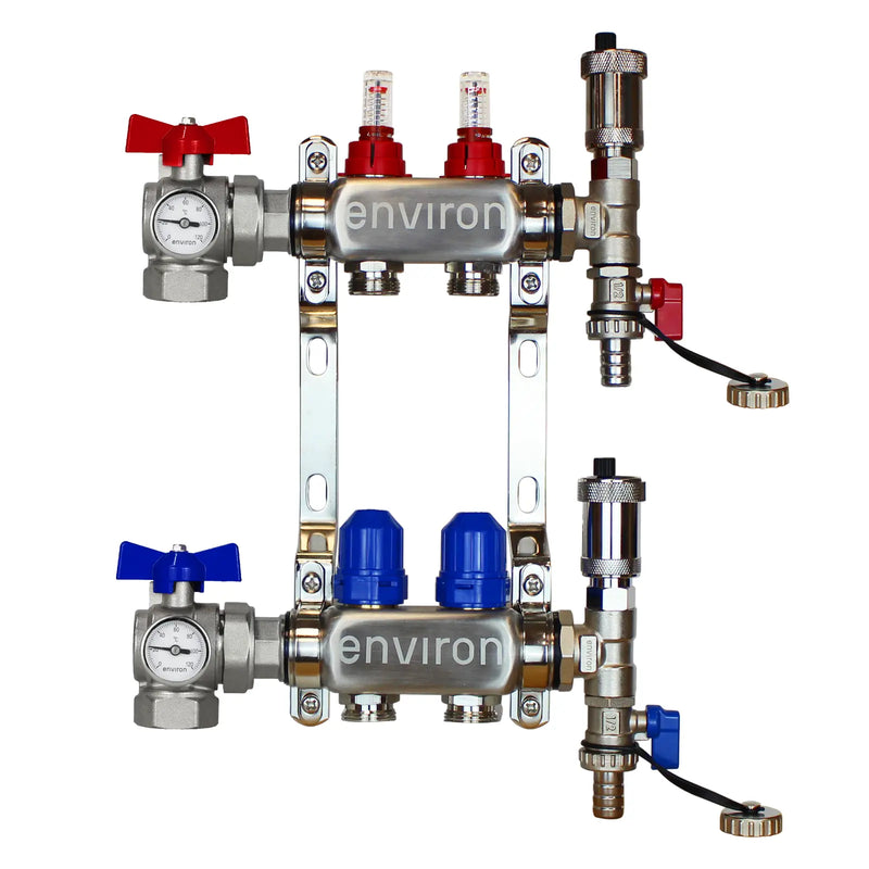 Edelstahl Heizkreisverteiler – 2 bis 12 Heizkreise mit 90° Eck-Kugelhahn-Set & Thermometer