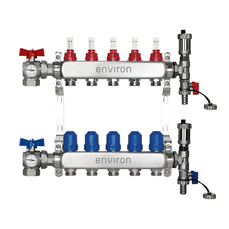 Edelstahl Heizkreisverteiler – 2 bis 12 Heizkreise mit 90° Eck-Kugelhahn-Set & Thermometer