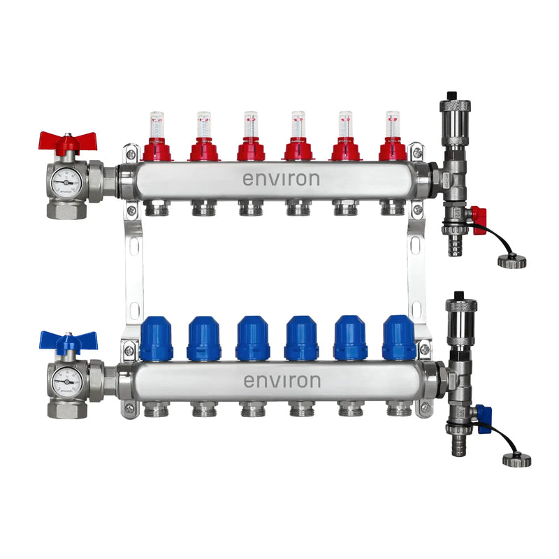 Edelstahl Heizkreisverteiler – 2 bis 12 Heizkreise mit 90° Eck-Kugelhahn-Set & Thermometer