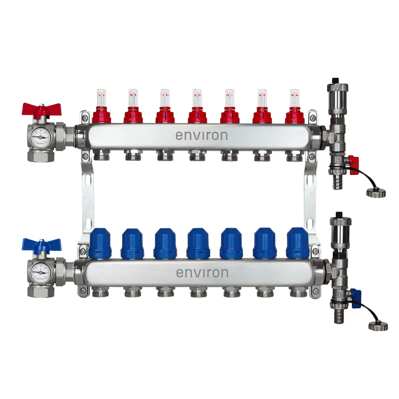 Edelstahl Heizkreisverteiler – 2 bis 12 Heizkreise mit 90° Eck-Kugelhahn-Set & Thermometer