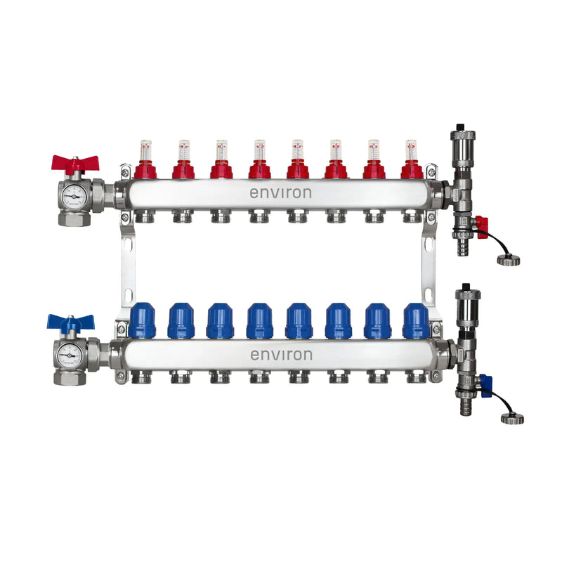 Edelstahl Heizkreisverteiler – 2 bis 12 Heizkreise mit 90° Eck-Kugelhahn-Set & Thermometer