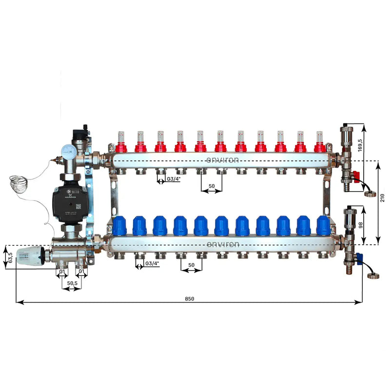 Set di regolazione a valore fisso M059 20-70°C con pompa ad alta efficienza Grundfos UPM3 25/6, collettore di riscaldamento in acciaio inox, set di sfiato e set di valvole a sfera