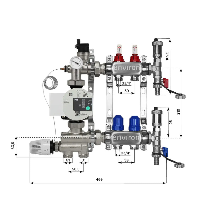 Festwertregelset M059 20-70°C mit Wilo Para 25/6 Hocheffizienzpumpe, Edelstahl-Heizkreisverteiler, Entlüfterset & Kugelhahnset
