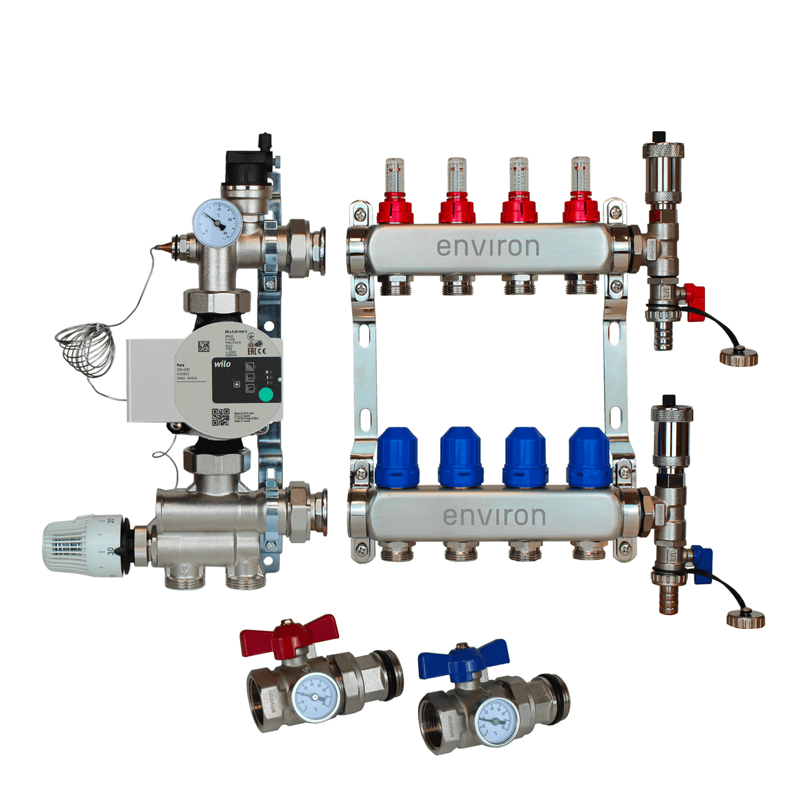 Festwertregelset M059 20-70°C mit Wilo Para 25/6 Hocheffizienzpumpe, Edelstahl-Heizkreisverteiler, Entlüfterset & Kugelhahnset