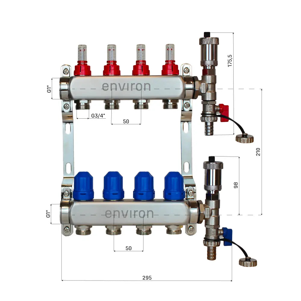 Festwertregelset M058 20-55°C mit Grundfos UPM3 25/6 Hocheffizienzpumpe, Edelstahl-Heizkreisverteiler, Entlüfterset & Kugelhahnset