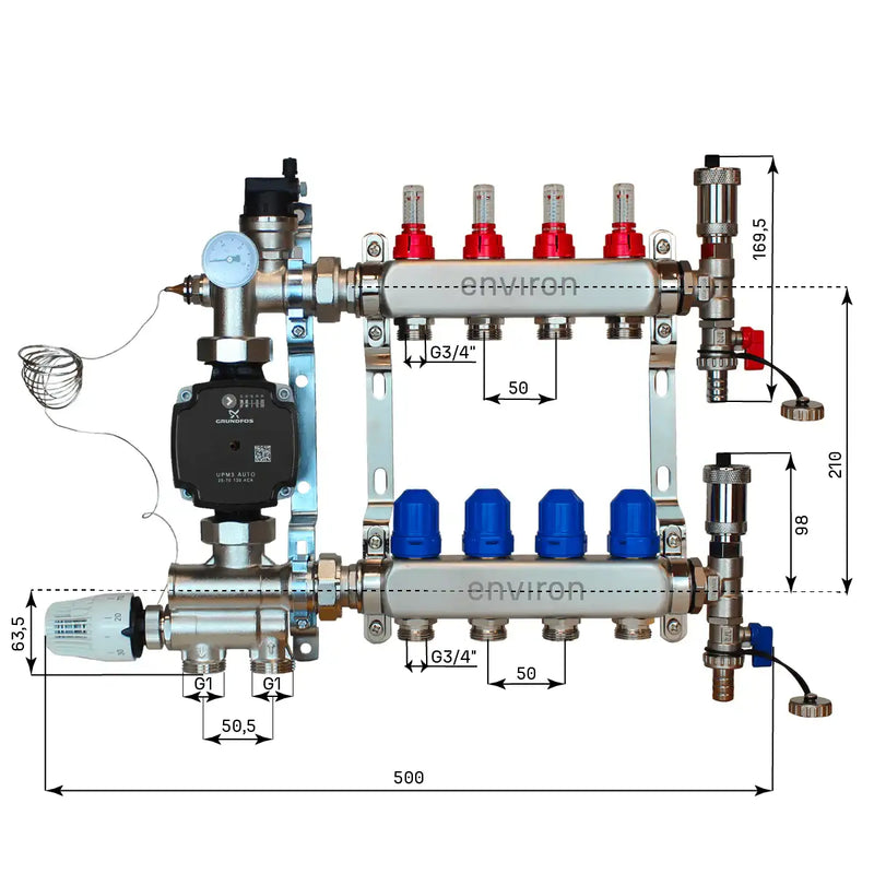 Set di regolazione a valore fisso M059 20-70°C con pompa ad alta efficienza Grundfos UPM3 25/6, collettore di riscaldamento in acciaio inox, set di sfiato e set di valvole a sfera