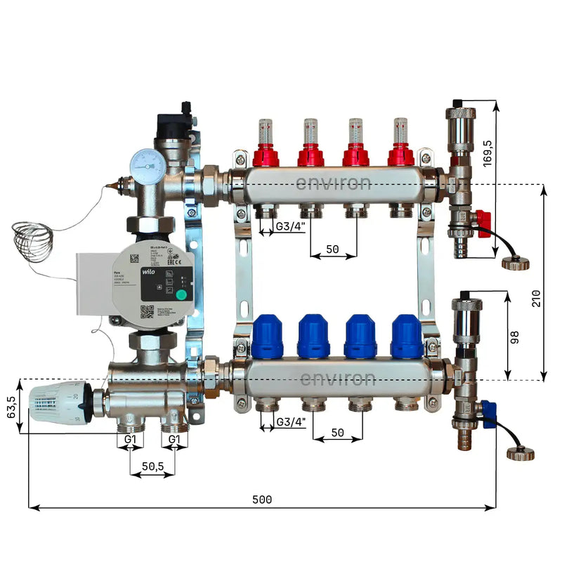 Festwertregelset M059 20-70°C mit Wilo Para 25/6 Hocheffizienzpumpe, Edelstahl-Heizkreisverteiler, Entlüfterset & Kugelhahnset