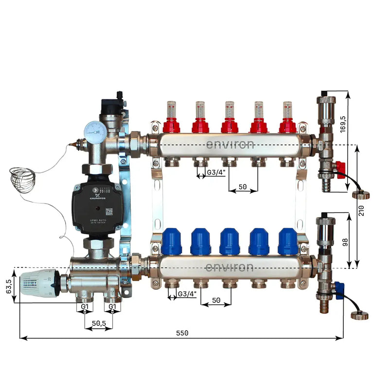 Set di regolazione a valore fisso M059 20-70°C con pompa ad alta efficienza Grundfos UPM3 25/6, collettore di riscaldamento in acciaio inox, set di sfiato e set di valvole a sfera