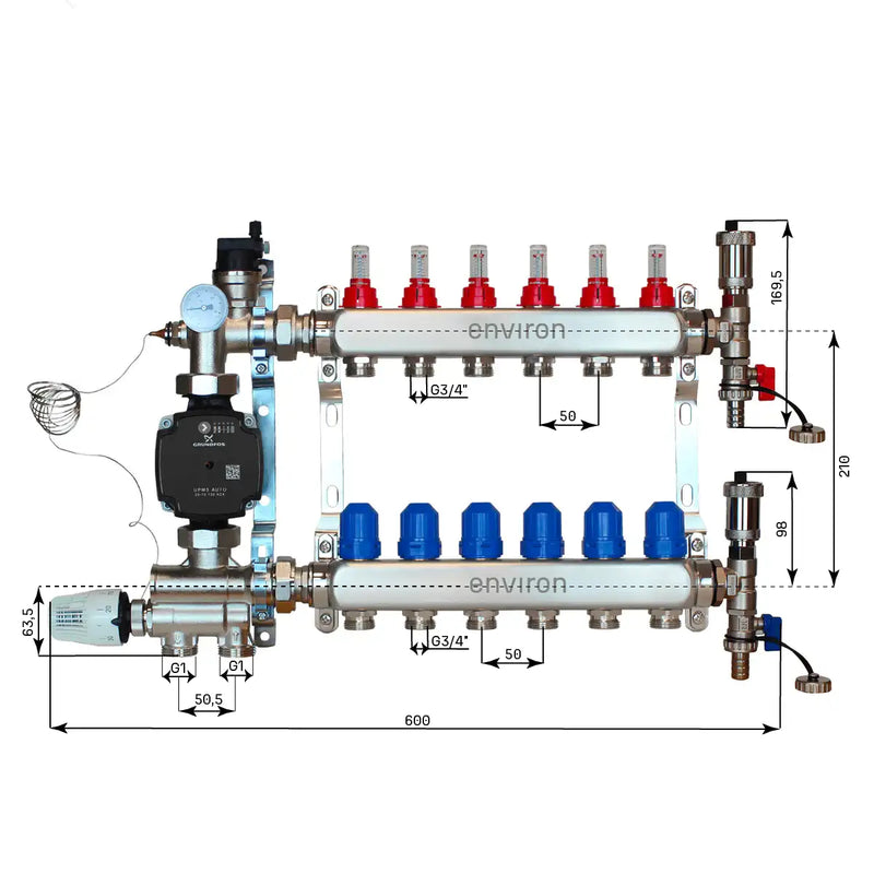 Set di regolazione a valore fisso M059 20-70°C con pompa ad alta efficienza Grundfos UPM3 25/6, collettore di riscaldamento in acciaio inox, set di sfiato e set di valvole a sfera