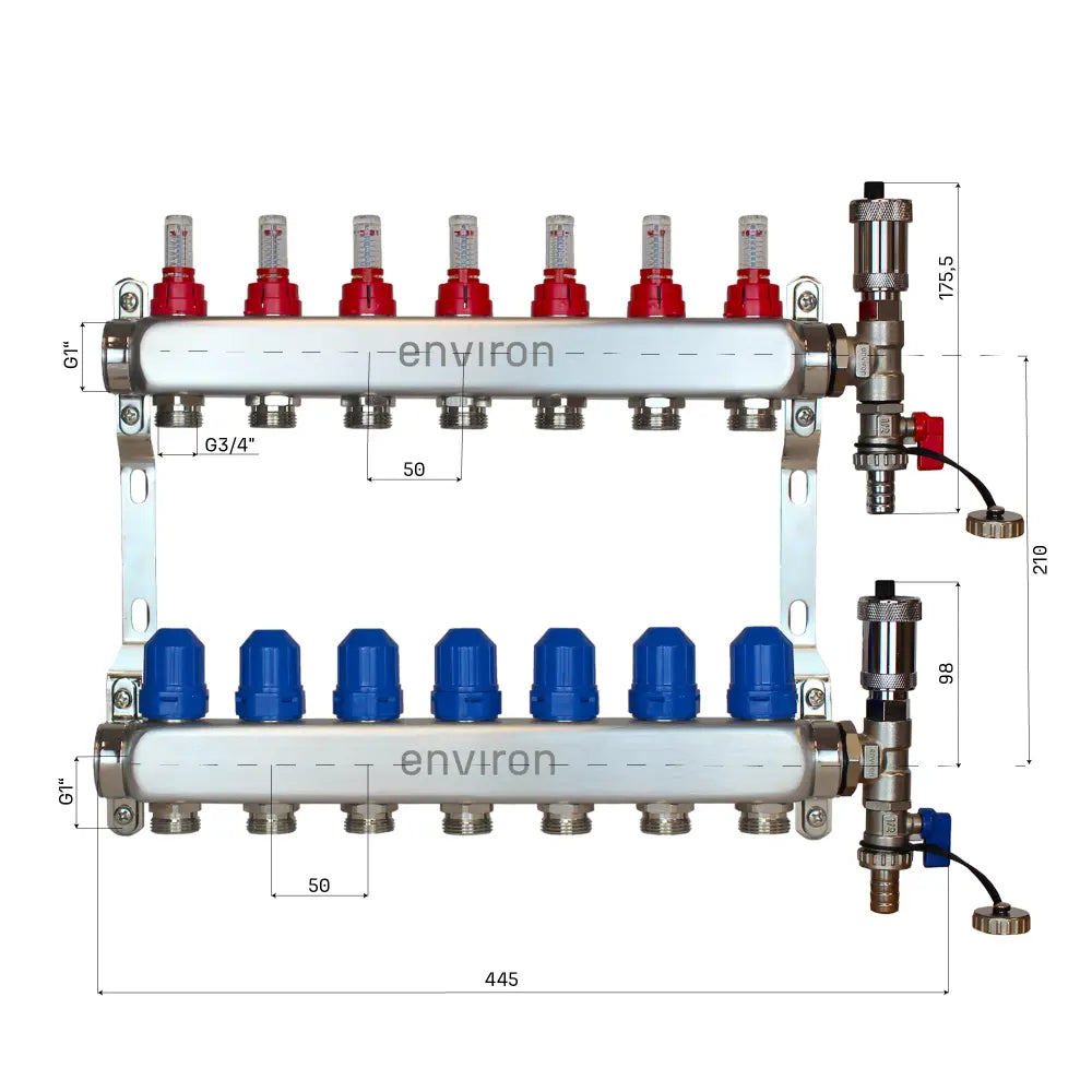 Festwertregelset M058 20-55°C mit Grundfos UPM3 25/6 Hocheffizienzpumpe, Edelstahl-Heizkreisverteiler, Entlüfterset & Kugelhahnset