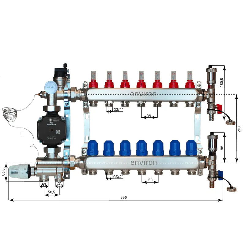 Set di regolazione a valore fisso M059 20-70°C con pompa ad alta efficienza Grundfos UPM3 25/6, collettore di riscaldamento in acciaio inox, set di sfiato e set di valvole a sfera