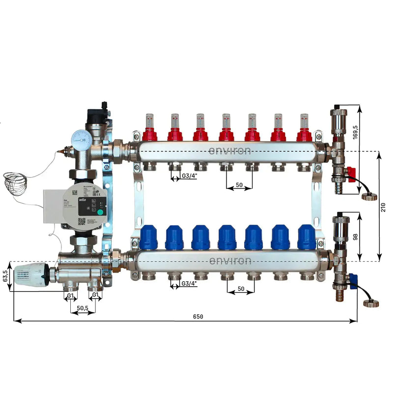 Festwertregelset M059 20-70°C mit Wilo Para 25/6 Hocheffizienzpumpe, Edelstahl-Heizkreisverteiler, Entlüfterset & Kugelhahnset