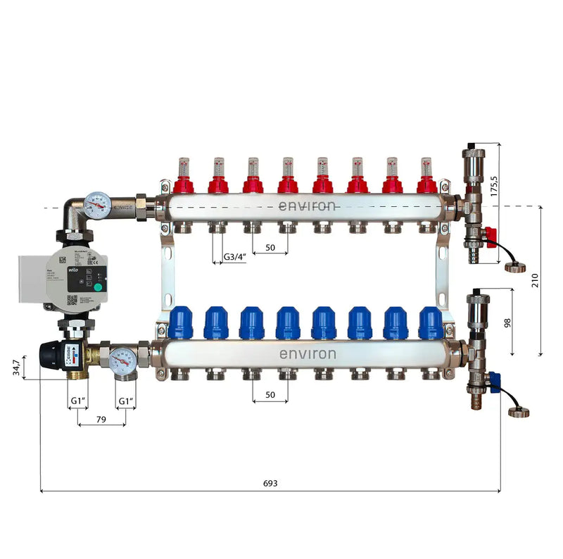 Set di regolazione a valore fisso M058 20-55°C con pompa ad alta efficienza Wilo Para 25/6, collettore di riscaldamento in acciaio inox, set di sfiato e set di valvole a sfera