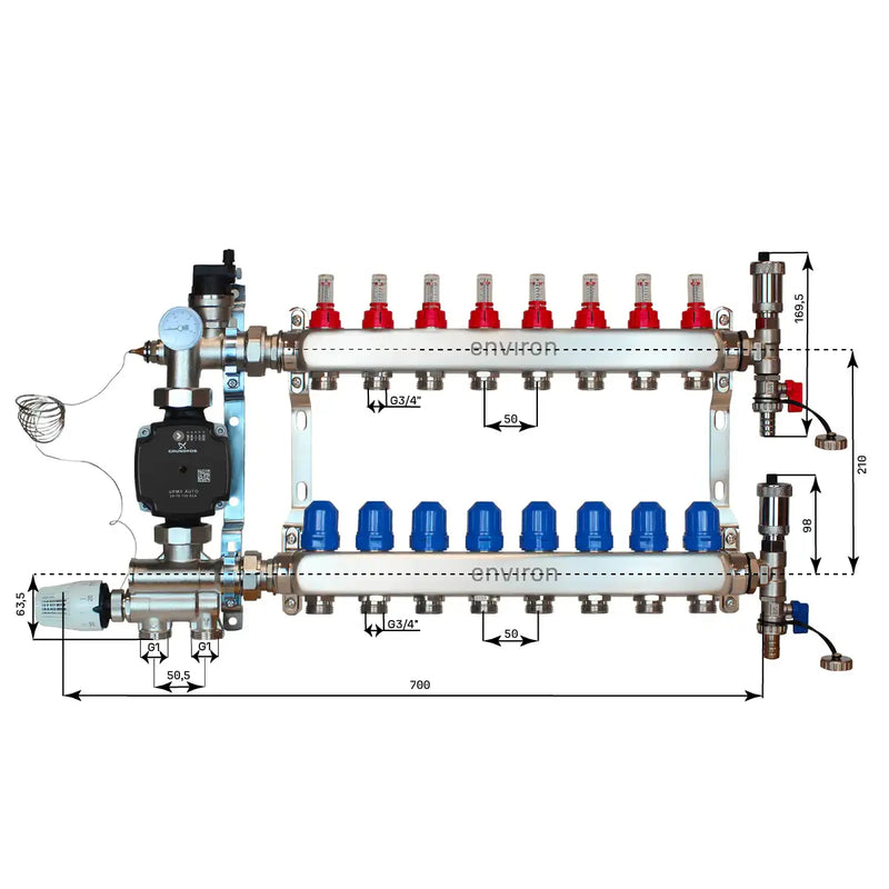 Set di regolazione a valore fisso M059 20-70°C con pompa ad alta efficienza Grundfos UPM3 25/6, collettore di riscaldamento in acciaio inox, set di sfiato e set di valvole a sfera