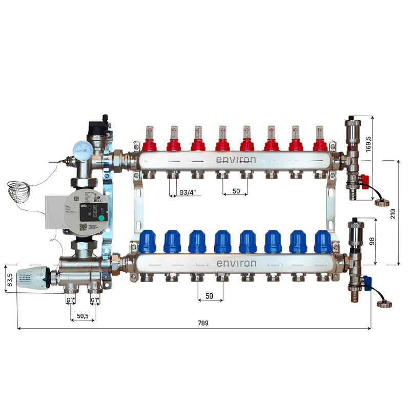 Festwertregelset M059 20-70°C mit Wilo Para 25/6 Hocheffizienzpumpe, Edelstahl-Heizkreisverteiler, Entlüfterset & Kugelhahnset
