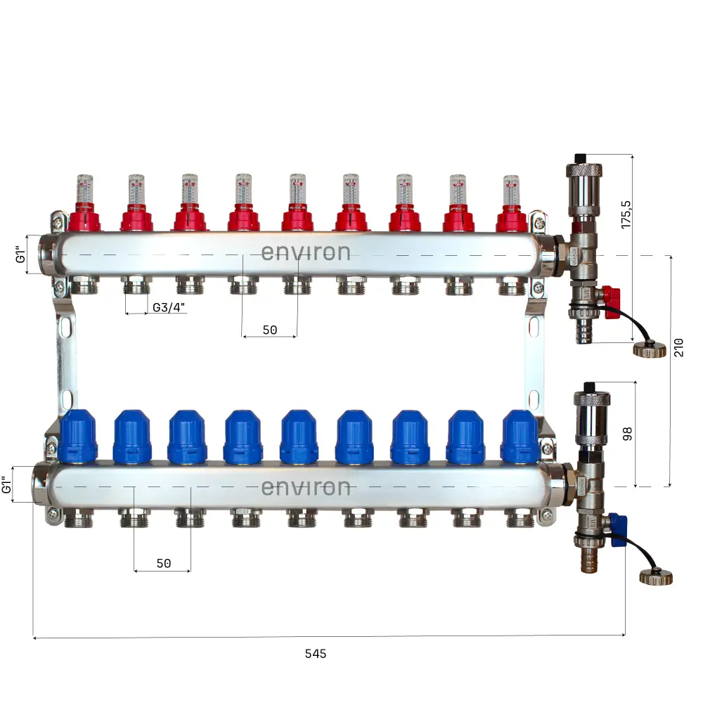 Festwertregelset M058 20-55°C mit Grundfos UPM3 25/6 Hocheffizienzpumpe, Edelstahl-Heizkreisverteiler, Entlüfterset & Kugelhahnset