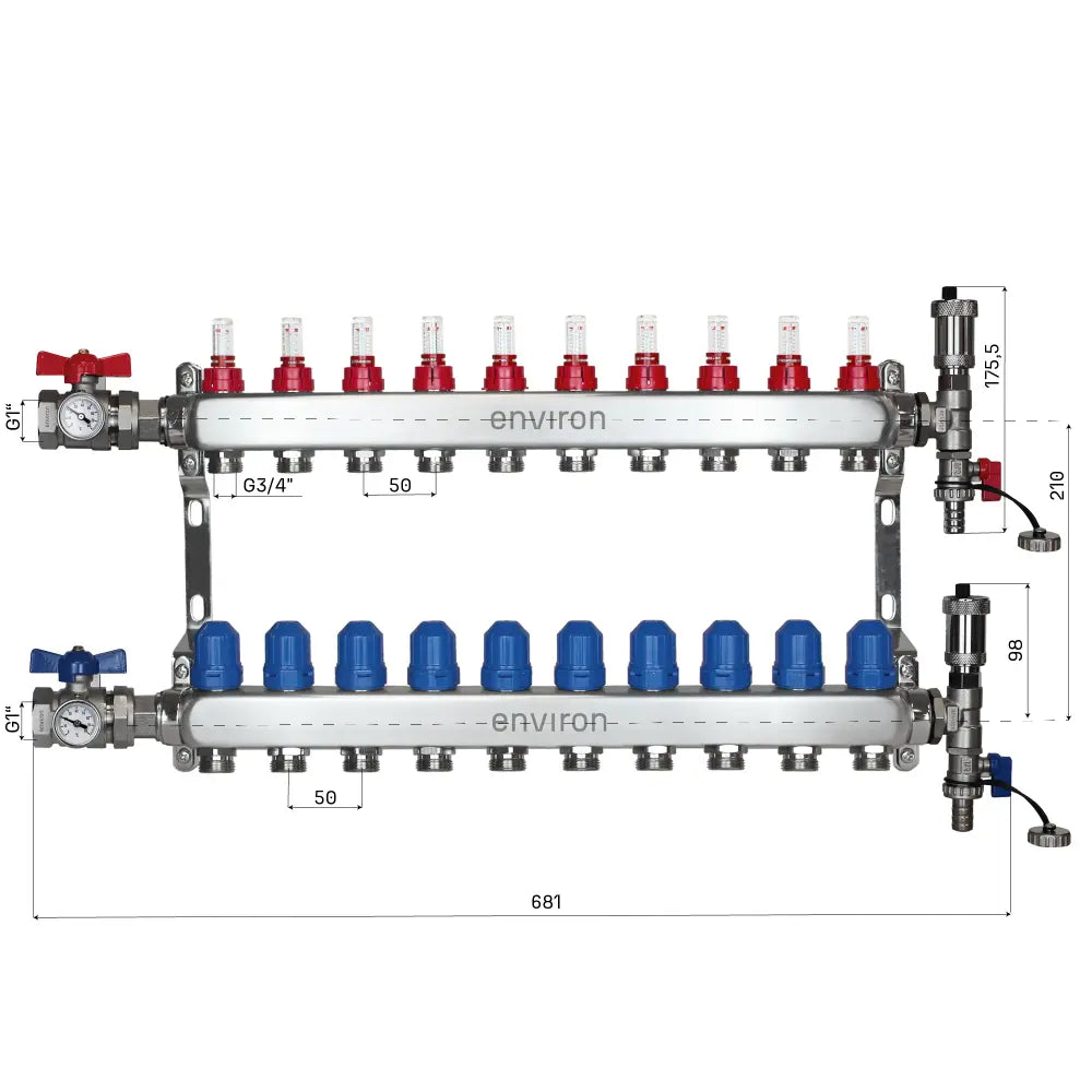Festwertregelset M058 20-55°C mit Grundfos UPM3 25/6 Hocheffizienzpumpe, Edelstahl-Heizkreisverteiler, Entlüfterset & Kugelhahnset