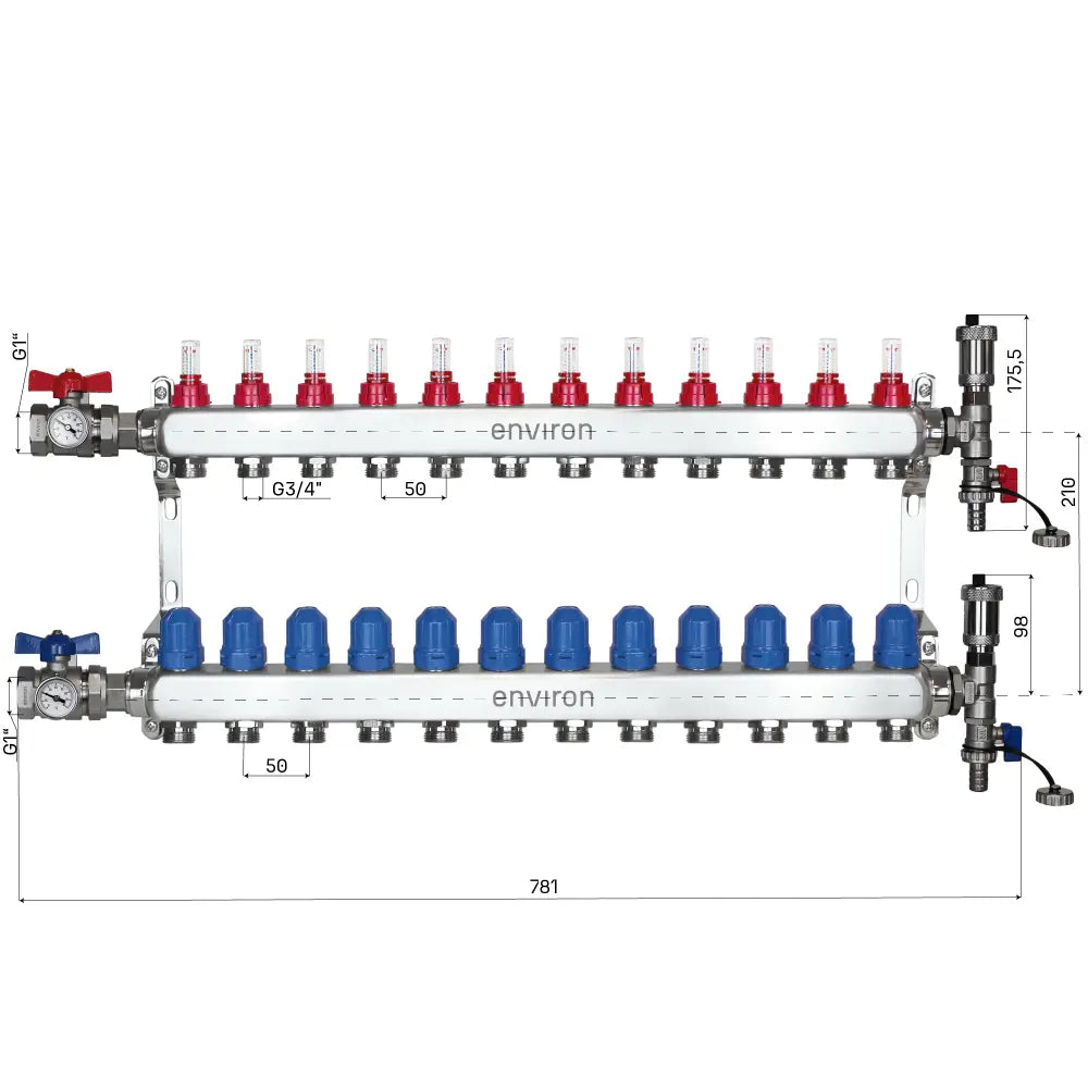 Festwertregelset M058 20-55°C mit Grundfos UPM3 25/6 Hocheffizienzpumpe, Edelstahl-Heizkreisverteiler, Entlüfterset & Kugelhahnset