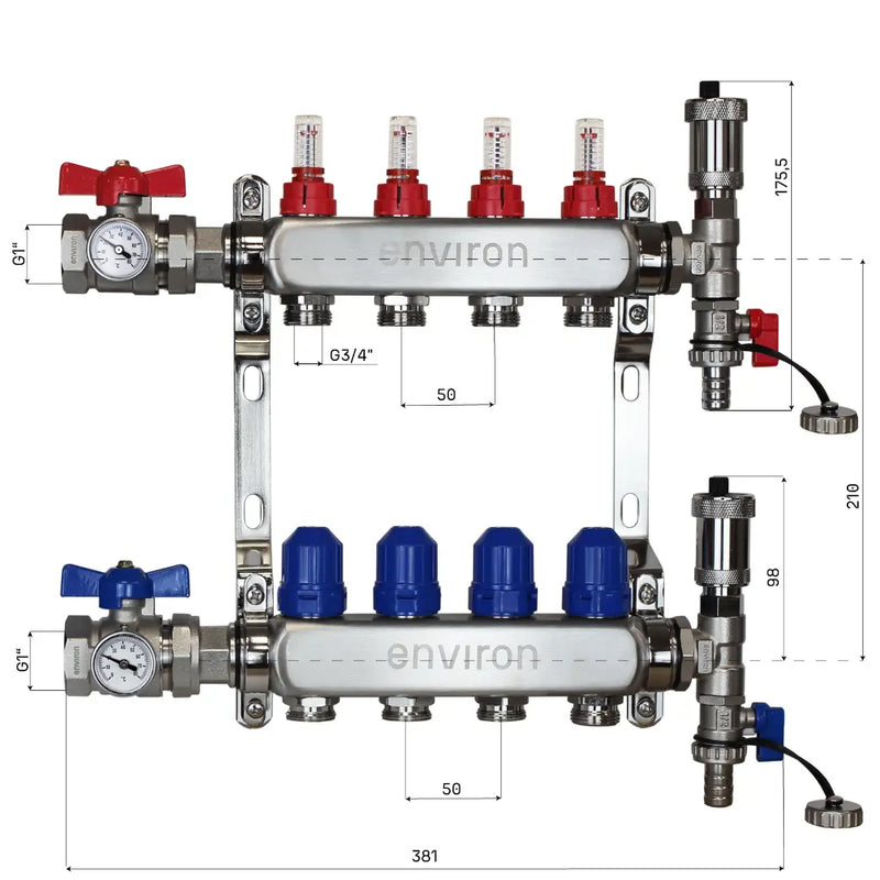 Distributore circuito di riscaldamento in acciaio inox – da 2 a 12 circuiti con set di raccordo valvola a sfera e sfiato