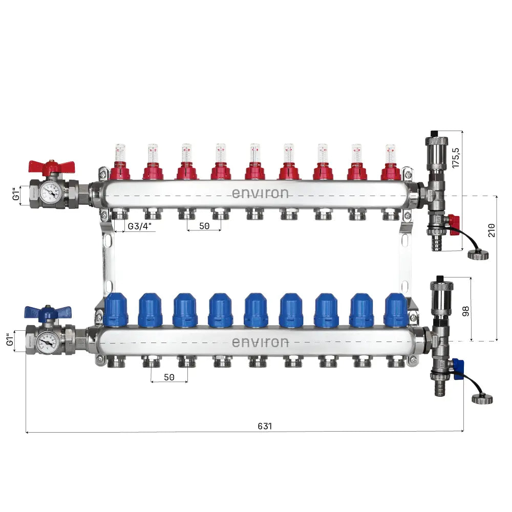 Festwertregelset M058 20-55°C mit Grundfos UPM3 25/6 Hocheffizienzpumpe, Edelstahl-Heizkreisverteiler, Entlüfterset & Kugelhahnset